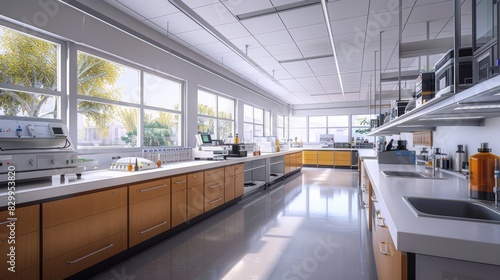 a modern laboratory interior with large windows  white walls  and stainless steel countertops. 