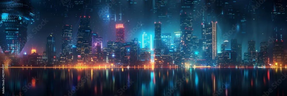 Obraz premium Futuristic Cityscape Illuminated with Neon Lights, Hi-Tech Urban Landscape, futuristic technology concept, graphic banner design