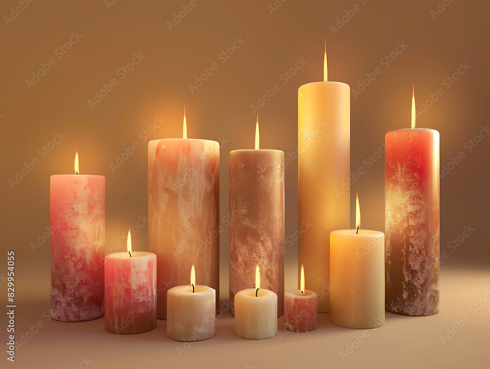 Set of pillar candles with illuminated flames in high resolution Set of pillar candles with illuminated flames in high resolution