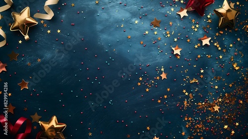 Gold and red stars with matching ribbons on a dark textured background, creating a festive atmosphere photo