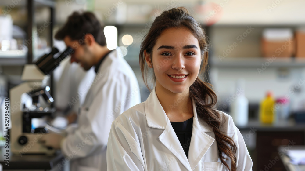 Fototapeta premium A young scientist wearing a lab coat smiles at the camera while her colleague works in the background.