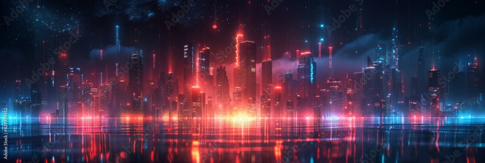 Fototapeta premium Futuristic Cityscape Illuminated with Neon Lights, Hi-Tech Urban Landscape, futuristic technology concept, graphic banner design