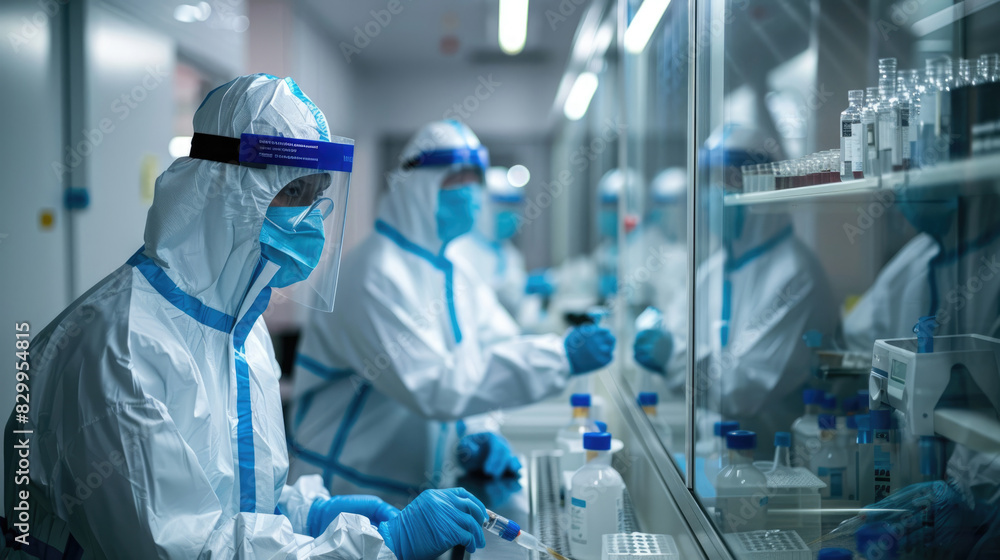 A group of scientists wearing protective gear are working in a laboratory. They are conducting an experiment on a virus. A group of scientists wearing protective gear are working in a laboratory. They are conducting an experiment on a virus.