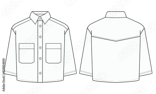 Cropped shirt technical fashion illustration with basic collar, long sleeves, drawstring hem, front button-fastening. Flat apparel blouse template front, back white color. Women unisex top CAD mockup