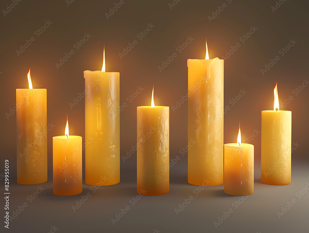 Set of pillar candles with illuminated flames in high resolution Set of pillar candles with illuminated flames in high resolution