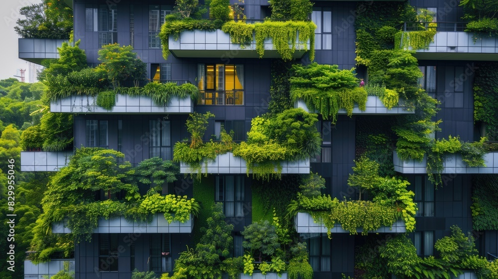 A tower block covered in plants and adorned with numerous balconies, creating a green facade for the building. AIG41