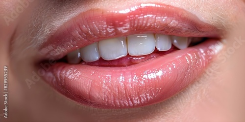 Closeup image of a painful canker sore on the inside of a persons mouth. Concept Oral health, Canker sore, Painful ulcers, Mouth discomfort photo