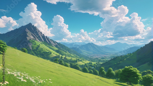 Beautiful summer anime seasonal landscape featuring hills and mountains, a sky adorned with clouds. Generative AI.