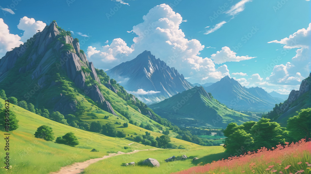 Beautiful summer anime seasonal landscape featuring hills and mountains, a sky adorned with clouds. Generative AI.