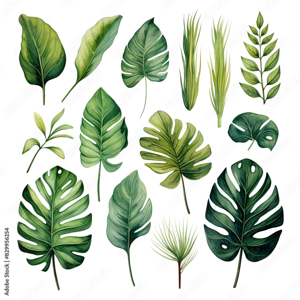 A collection of assorted tropical leaves, showcasing various shapes and shades of green, perfect for botanical and natural design projects. A collection of assorted tropical leaves, showcasing various shapes and shades of green, perfect for botanical and natural design projects.