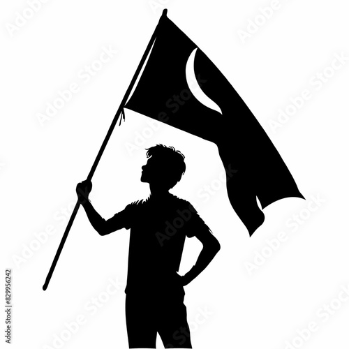 Defiant Banner: A Silhouette Raising a Distinctive Flag in Bold Monochromatic Black and White, Symbolizing Strength and Resolve