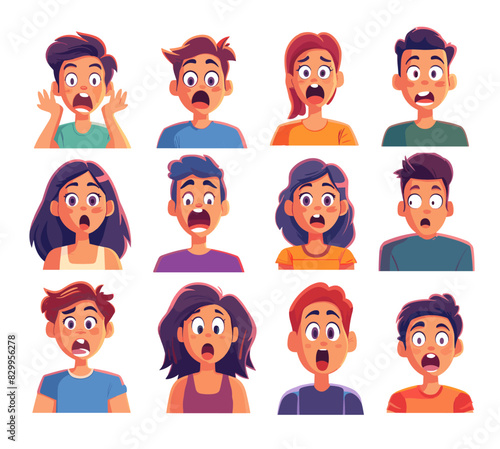 Surprise wow avatars cartoon vector set. Guys girls big eyes open mouth emotion fear shock strong reaction teenagers, illustrations isolated on white background