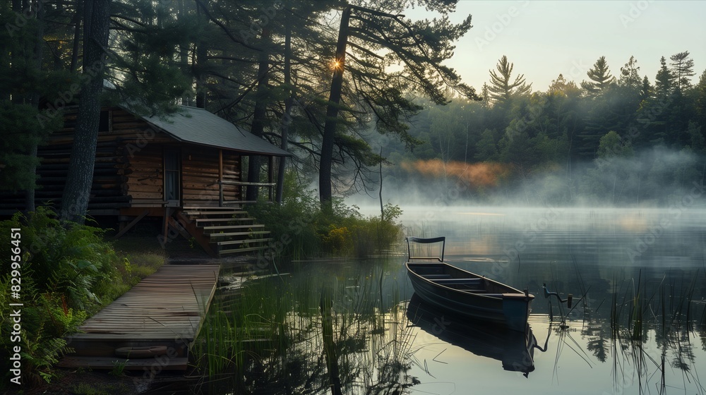 Obraz premium Tranquil Lakeside Cabin at Dawn with Misty Water and Rowboat