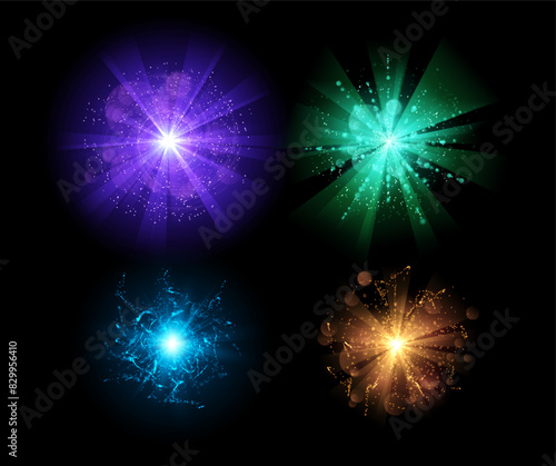 Vector set of starlight sparkles with blue, gold, green and lilac rays.