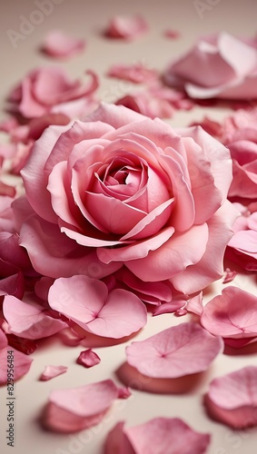 Pink roses in different shades with petals scattered in the background.