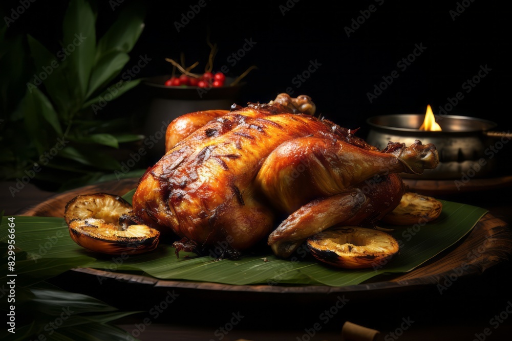 Hearty roast chicken on a palm leaf plate against a dark background