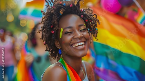 Celebrating Diversity and Pride: Joyful Black Woman at LGBTQ Parade with Rainbow Flag in the Background