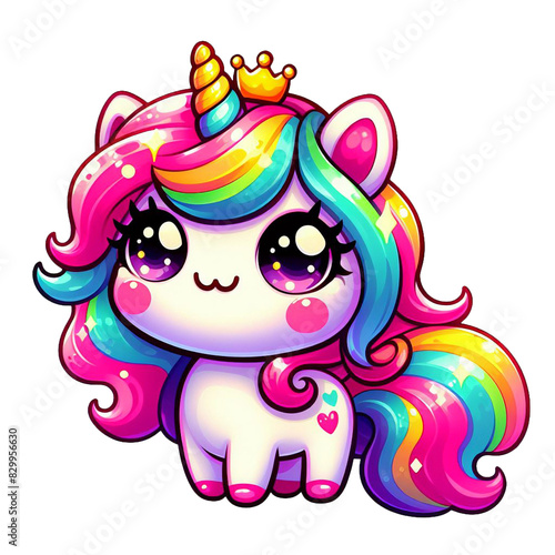 A cartoon-style unicorn with a rainbow-colored mane and tail sits