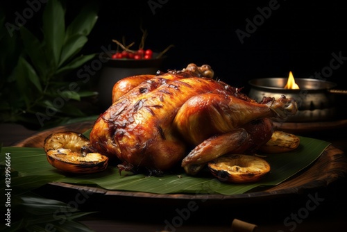 Hearty roast chicken on a palm leaf plate against a dark background