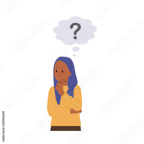 Worried thoughtful preteen girl child isolated cartoon character thinking trying to find idea