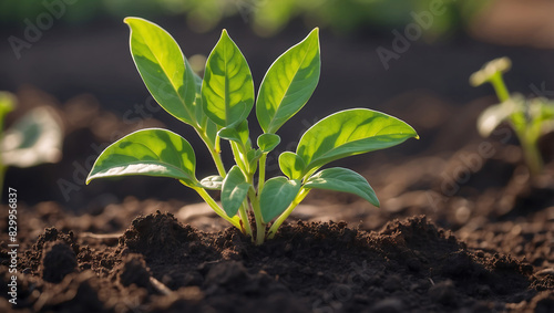 World environment day, A vibrant green seedling with multiple leaves growing in rich, dark soil, illuminated by warm sunlight in a blurred background

