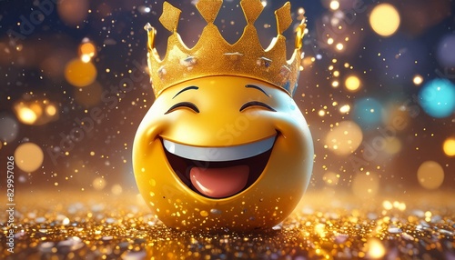 A stylized image of a laughing emoji wearing a golden crown surrounded by glitter photo