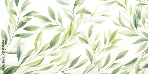 Soft pastel green botanical digital paper with elegant watercolor leaves on white. Concept Botanical digital paper  Soft pastel green  Watercolor leaves  Elegant design  White background