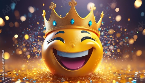A stylized image of a laughing emoji wearing a golden crown surrounded by glitter