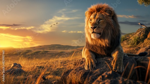 A majestic lion on a rock in a grassy field under the sky
