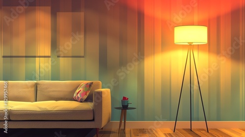 Cozy living room with a modern floor lamp and a comfortable sofa against a warm, colorful wall creating a relaxing atmosphere. photo
