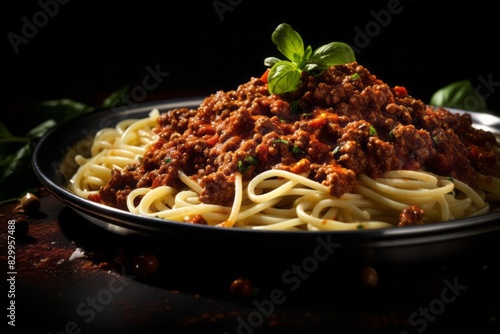 Juicy spaghetti bolognese on a metal tray against a dark background