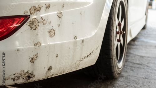 фотографія Dried splashes of mud on the rear bumper of a white sedan