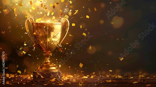 Golden trophy with sparkling confetti, symbolizing victory and celebration in a dark background. Perfect for success, achievement, and award themes.