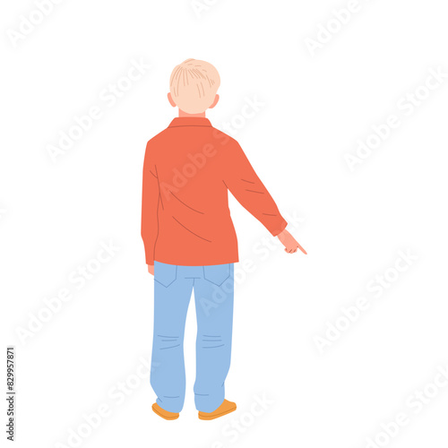 Back view of preteen boy child cartoon character pointing finger down indicating something