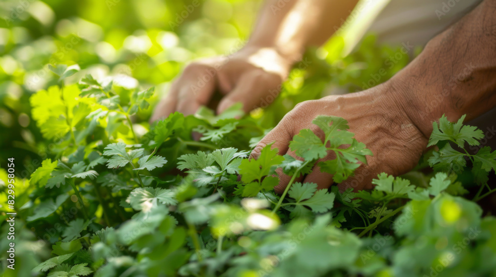 Eye-level angle photo of a gardeners hands carefully tending to vibrant, fresh coriander, soft sunlight filtering through leaves, focus on texture and greenery, photorealistic
