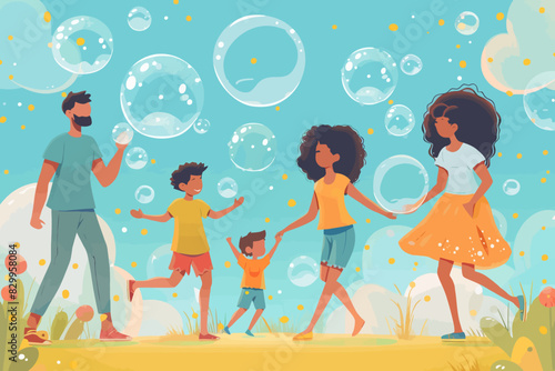 A family with parents and children enjoy playing with bubbles in a grassy field, capturing the joy and fun of a sunny day outdoors, surrounded by colorful bubbles and nature.