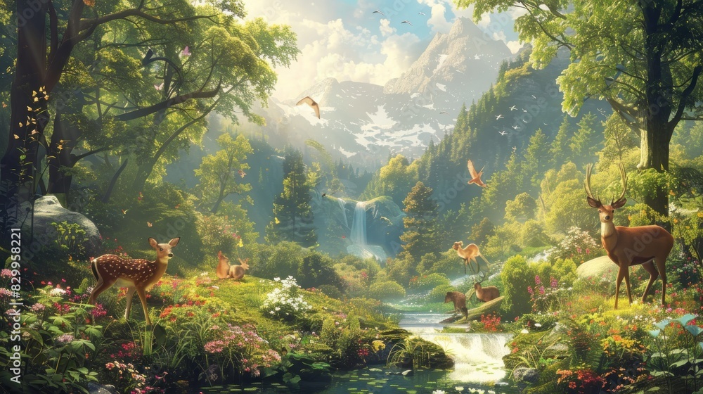 Obraz premium A vibrant 2D illustration of the Garden of Eden featuring lush greenery, colorful flowers, and towering trees. Animals like deer, rabbits, and birds roam freely in this enchanting wonderland, while a
