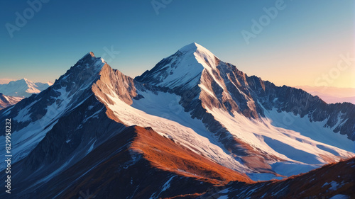 A majestic mountain range with snow-capped peaks under a clear blue sky at sunrise. Generative AI.