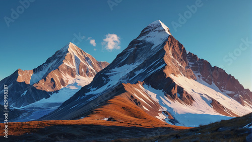 A majestic mountain range with snow-capped peaks under a clear blue sky at sunrise. Generative AI.