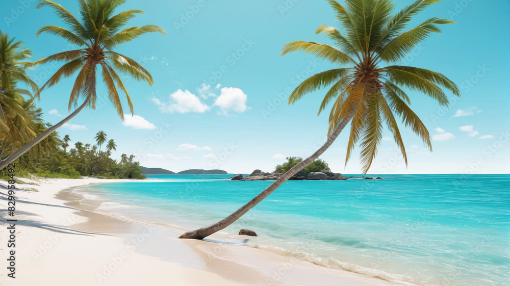 A tranquil beach with turquoise waters, white sand, and palm trees swaying in the breeze. Generative AI. A tranquil beach with turquoise waters, white sand, and palm trees swaying in the breeze. Generative AI.