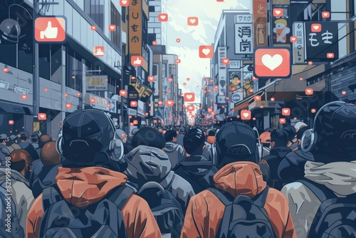 A crowd of people watching live streaming from smartphones on a city street