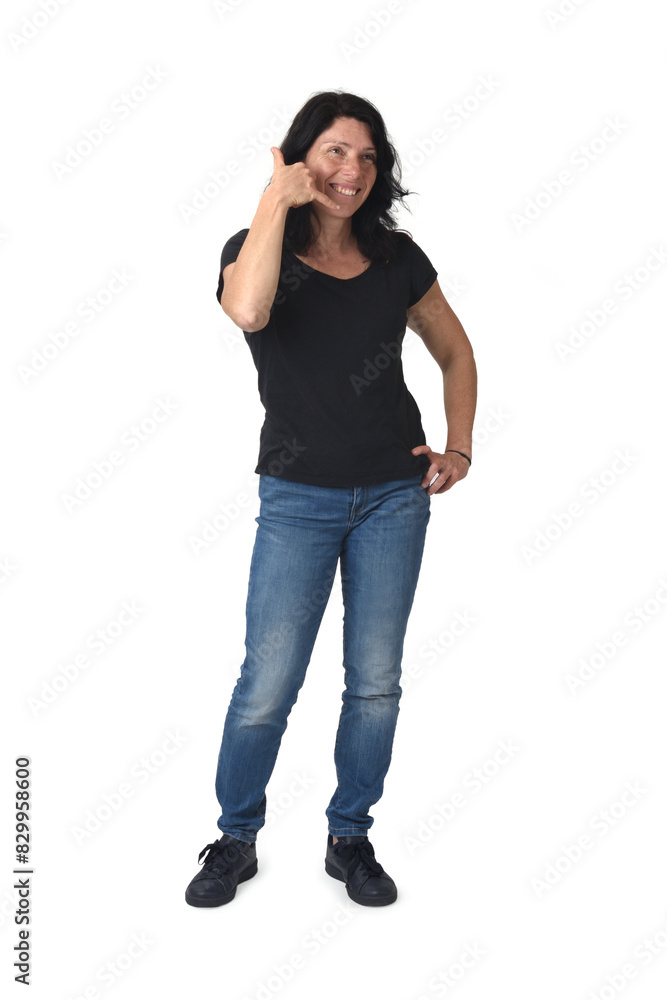 side  view of a woman standing waving on white background