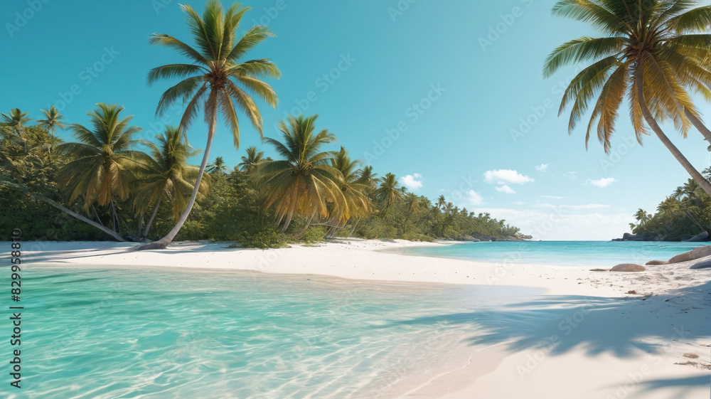 A tranquil beach with turquoise waters, white sand, and palm trees swaying in the breeze. Generative AI.