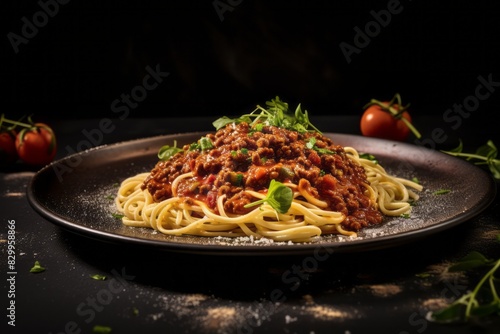 Delicious spaghetti bolognese on a ceramic tile against a dark background