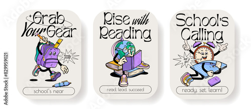 Back to school vector posters set with walking funny cute comic characters. Lettering illustration for t-shirt print. Too cool for school, educational creativity supplies. Vector illustration.