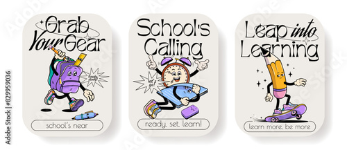 Back to school vector posters set with walking funny cute comic characters. Lettering illustration for t-shirt print. Too cool for school, educational creativity supplies. Vector illustration.