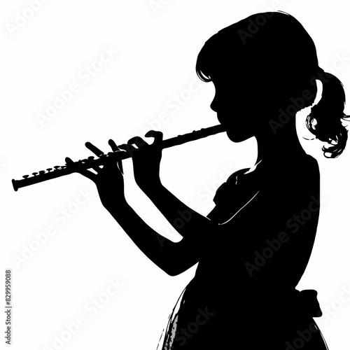 Harmonious Elegance: A Black Silhouette of a Woman with Long Hair Poised in Graceful Form, Playing the Flute Against a White Background in an Artistic Composition