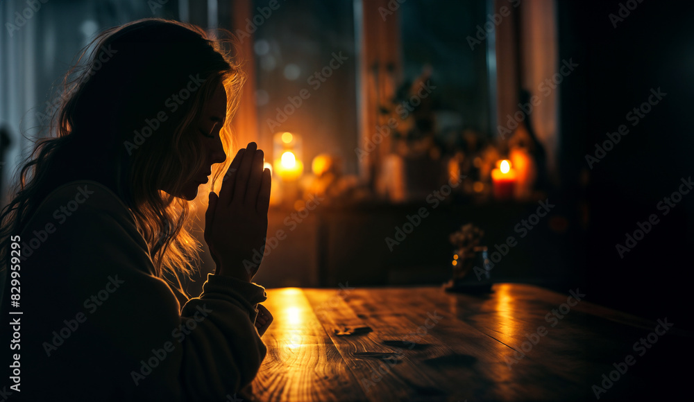 Woman praying to God inside a dark house in front of a lit candle