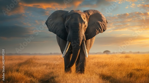 An elephant stands in a field of tall grass during sunset