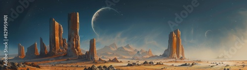 The image shows a beautiful landscape with a crescent moon in the background. There are tall mountains in the distance and a desert in the foreground.